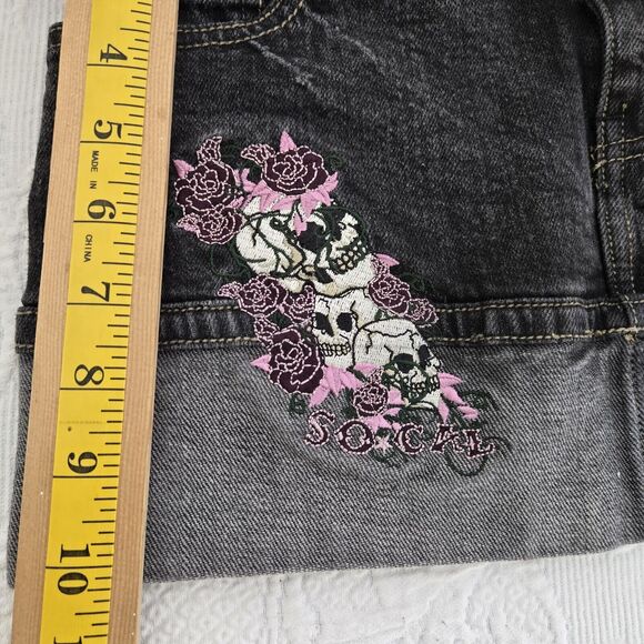 Trashy Y2K No Fear Black Jean Miniskirt 3 Embroidered Skulls Roses Goth Bratz - Picture 3 of 5